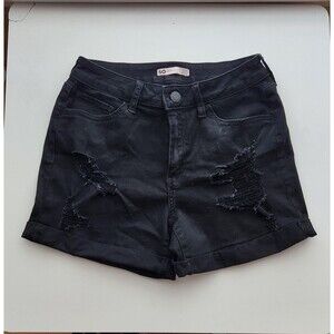 So High Waisted, Curvy Midi Distressed Black Shorts, 9/29W